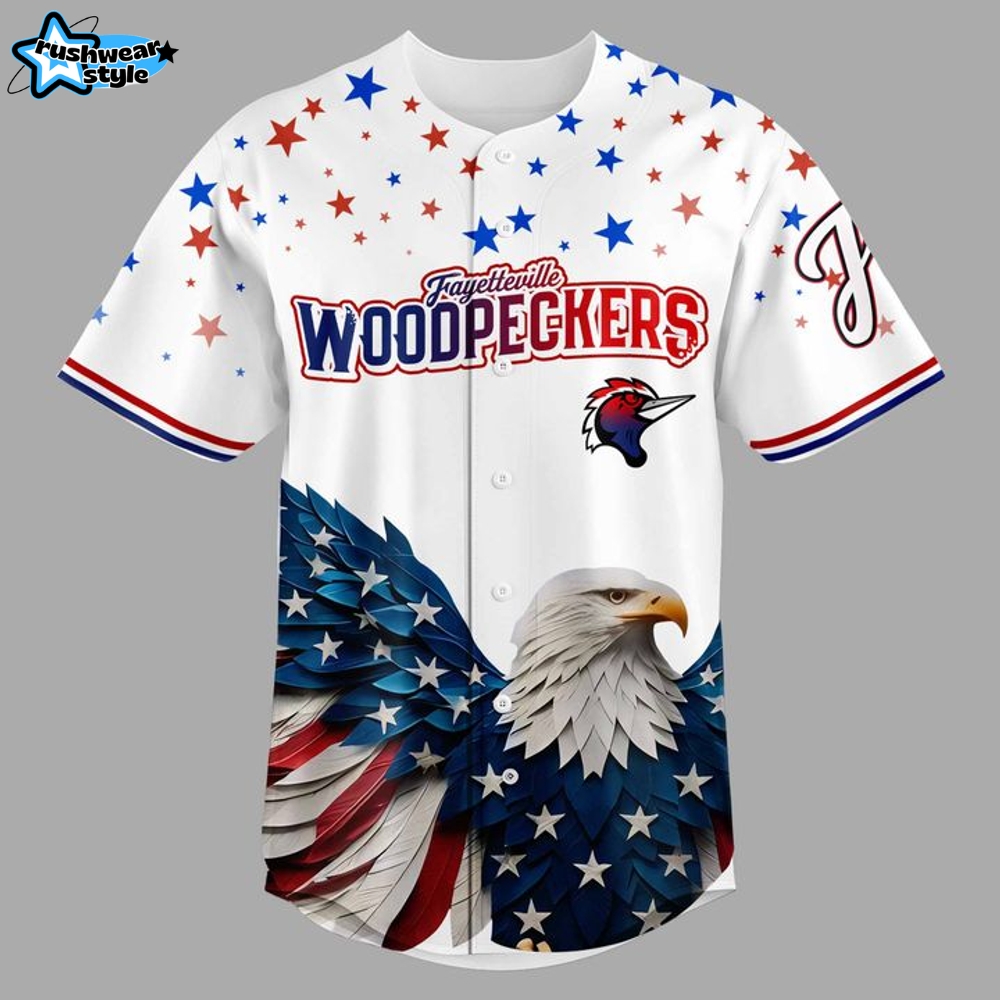 Fayetteville Woodpecker 4th of July USA Personalized Baseball Jersey Fayetteville Woodpecker 4th of July USA Personalized Baseball Jersey