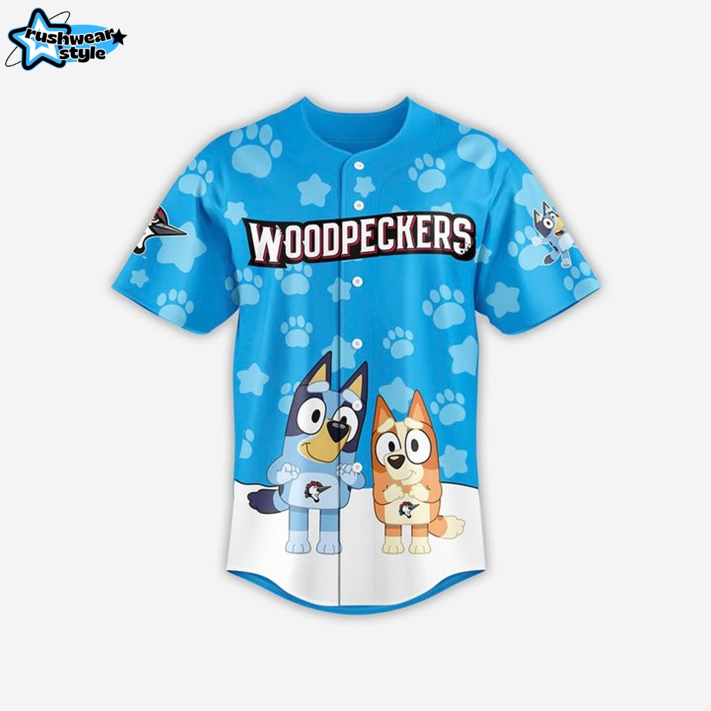 Fayetteville Woodpeckers x Bluey At The Ball Park 2025 Baseball Jersey Fayetteville Woodpeckers x Bluey At The Ball Park 2025 Baseball Jersey