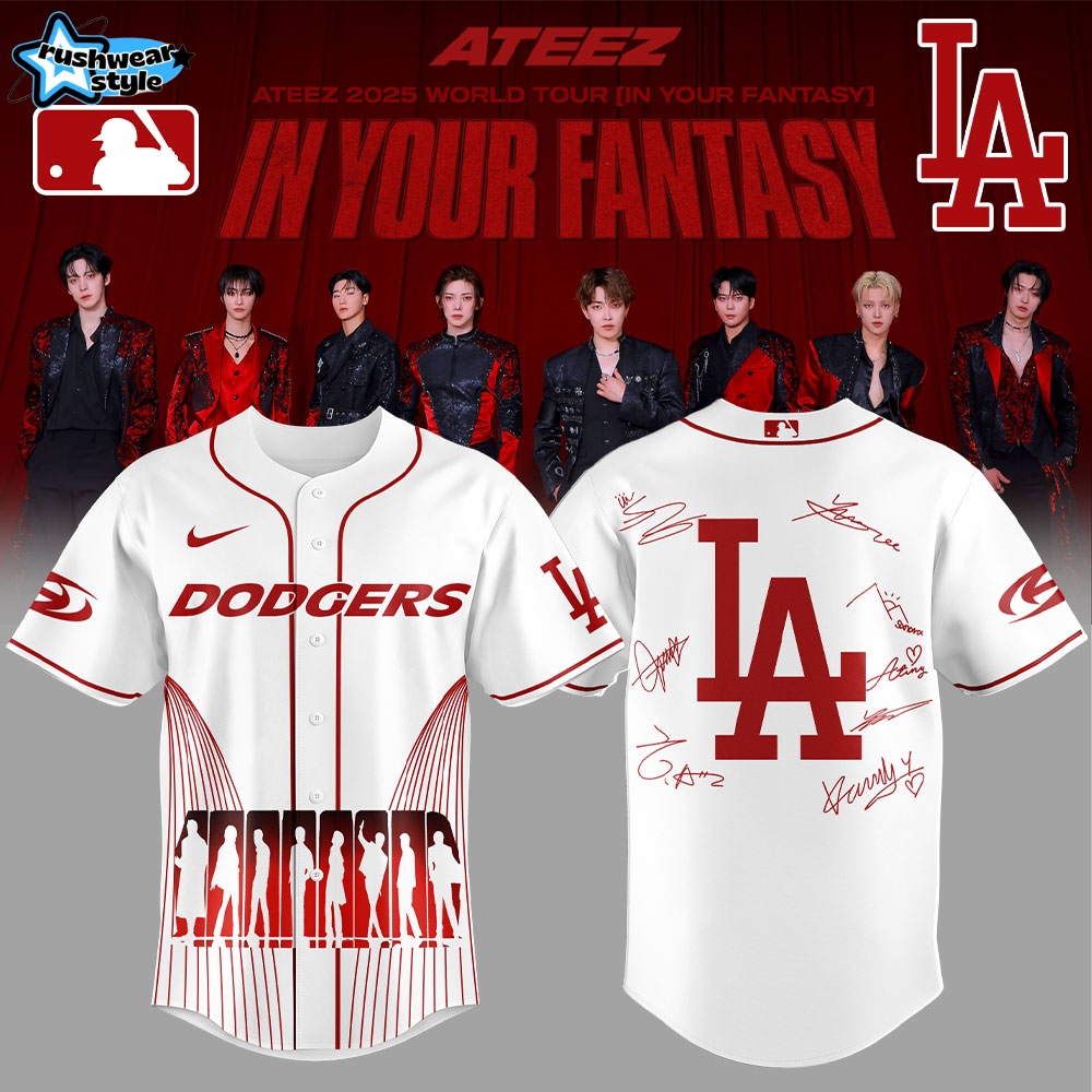 Los Angeles Dodgers x ATEEZ World Tour "In Your Fantasy" Signature White Baseball Jersey Los Angeles Dodgers x ATEEZ World Tour "In Your Fantasy" Signature White Baseball Jersey