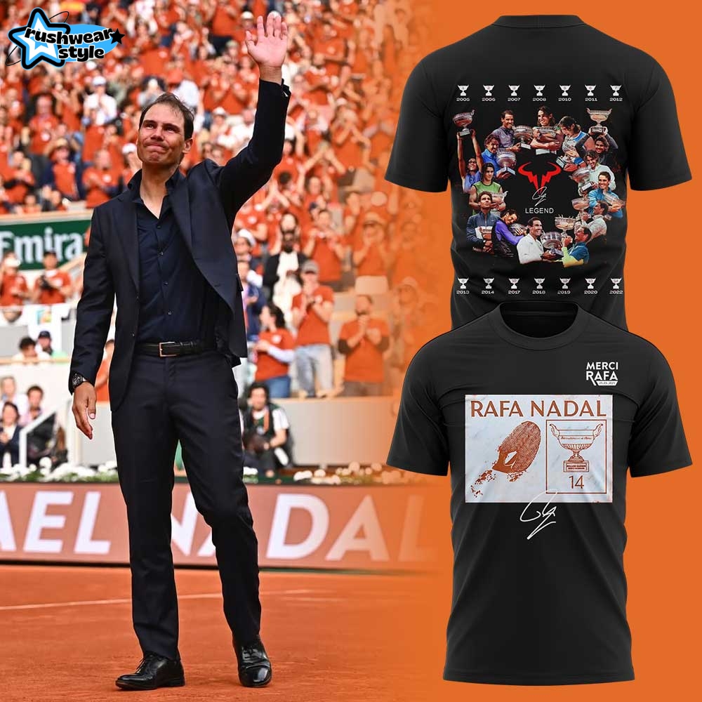 Merci Rafa Nadal The legend. The King of Clay Foot Signature Special Black Tee Merci Rafa Nadal The legend. The King of Clay Foot Signature Special Black Tee