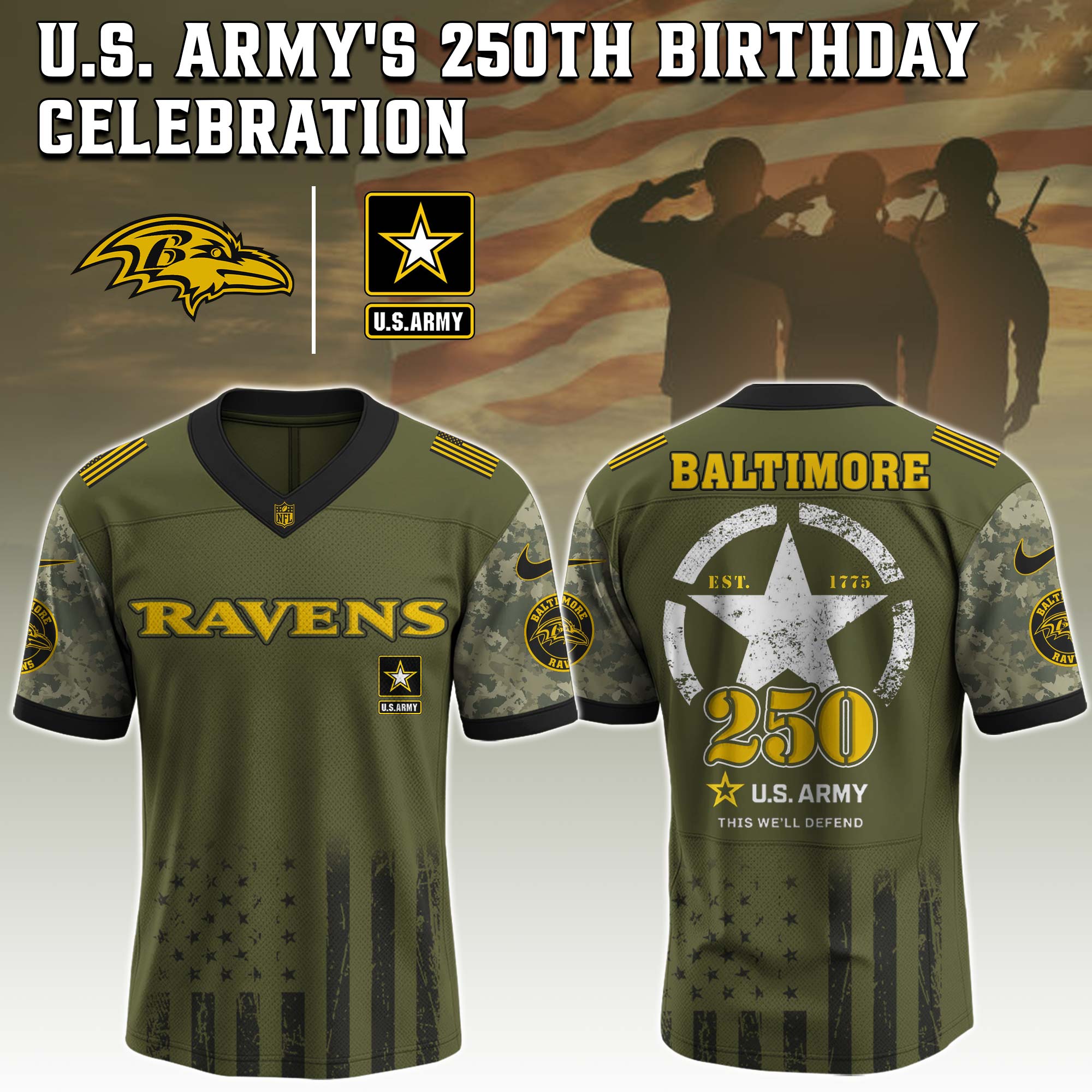 Baltimore Ravens NFL x U.S. Army 250th Birthday Celebration Jersey Baltimore Ravens NFL x U.S. Army 250th Birthday Celebration Jersey