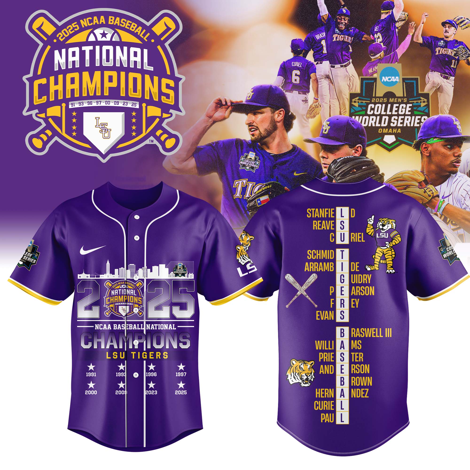 LSU Tigers 2025 NCAA Baseball National Champions Jersey LSU Tigers 2025 NCAA Baseball National Champions Jersey