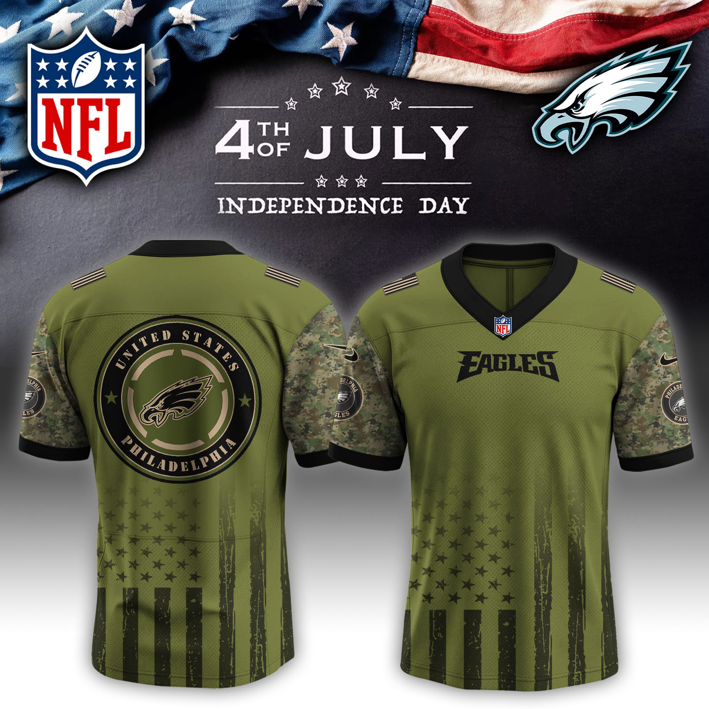 Philadelphia Eagles x 4th of July Independence Day Special Green Football Jersey Philadelphia Eagles x 4th of July Independence Day Special Green Football Jersey