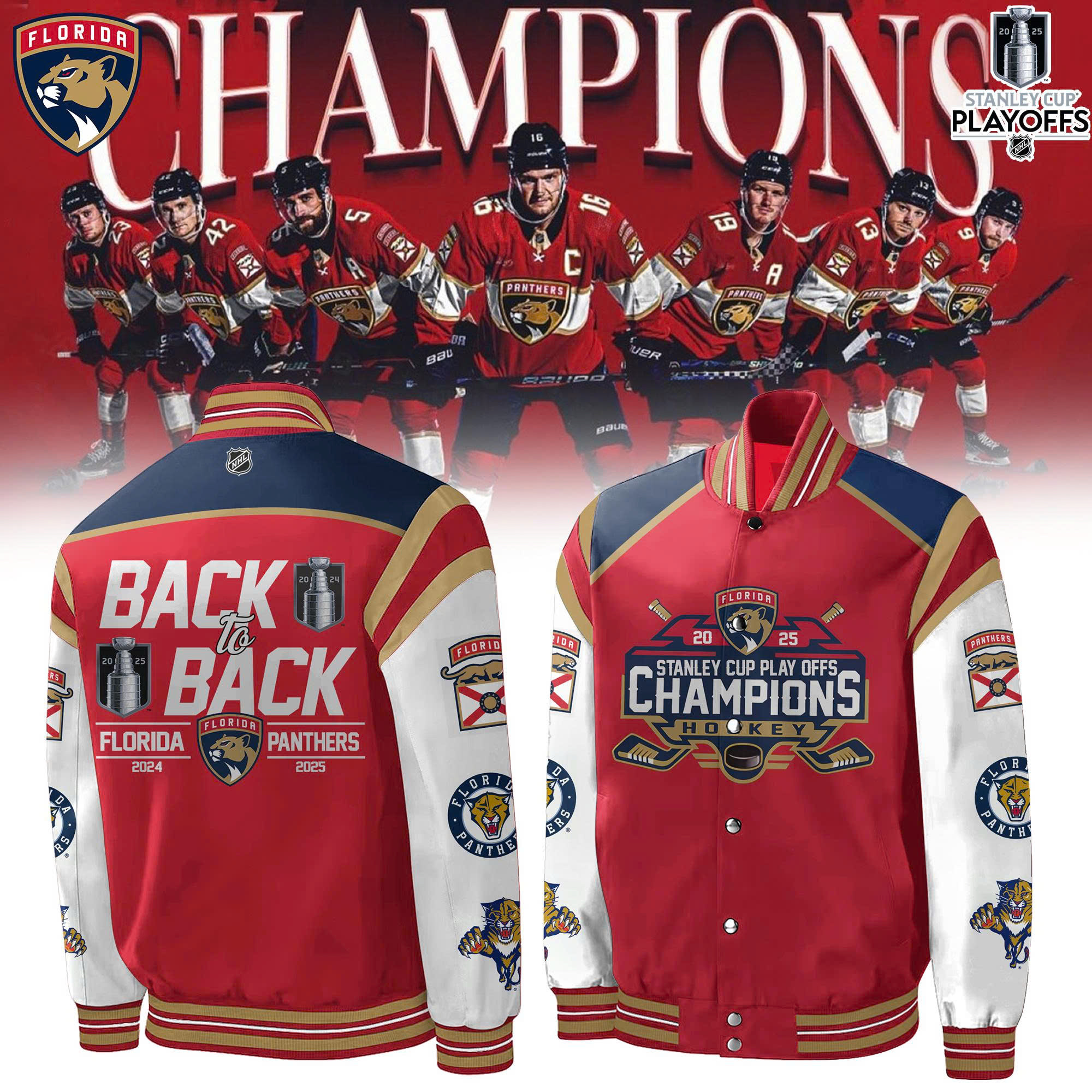 Florida Panthers Back To Back Champions Stanley Cup 2025 Baseball Jacket Florida Panthers Back To Back Champions Stanley Cup 2025 Baseball Jacket