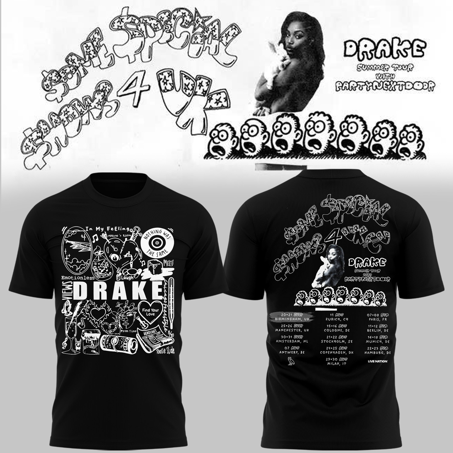 Drake Summer Tour to Birmingham x Partynextdoor Special Black Tee Drake Summer Tour to Birmingham x Partynextdoor Special Black Tee