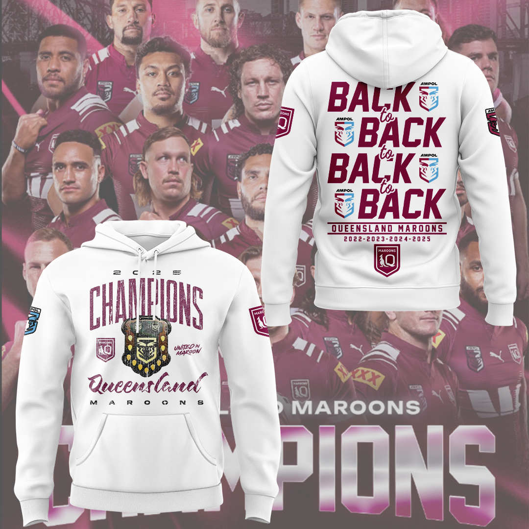 Queensland Maroons Back-to-Back Champions 2025 White Hoodie Queensland Maroons Back-to-Back Champions 2025 White Hoodie