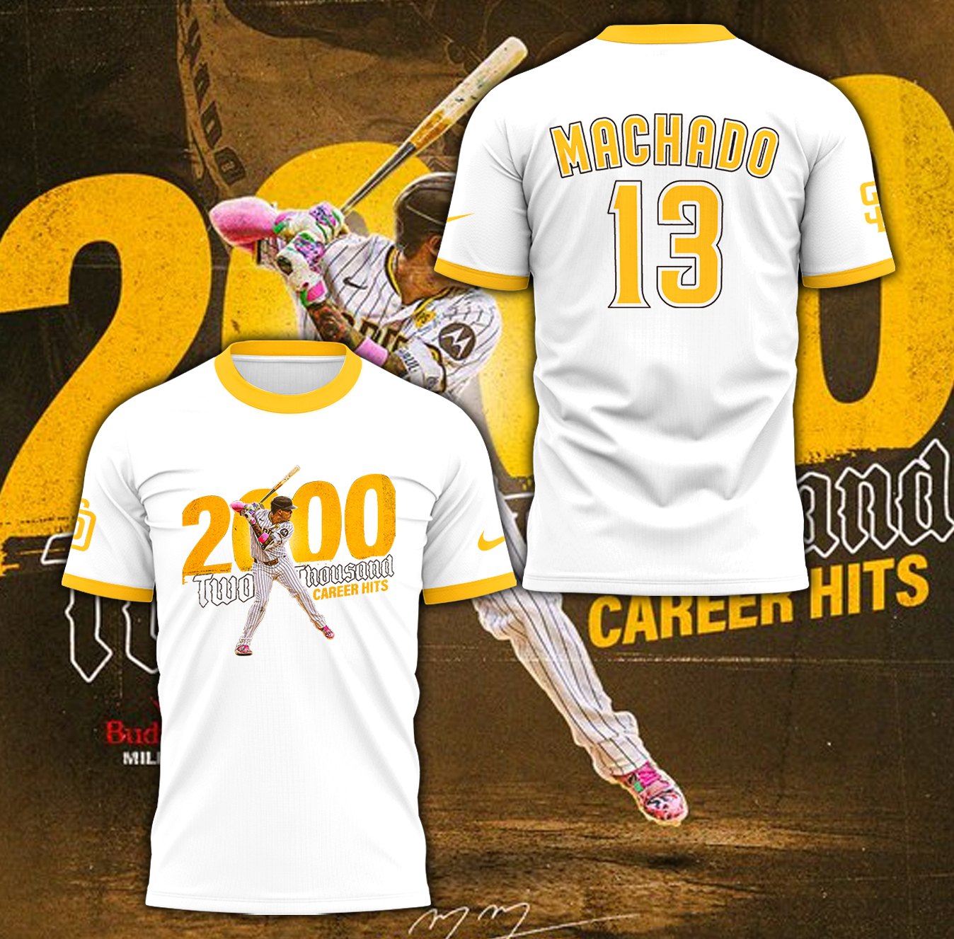 San Diego Padres Machado 2000 Career Hits Special T-Shirt - White San Diego Padres Machado 2000 Career Hits Special T-Shirt - White