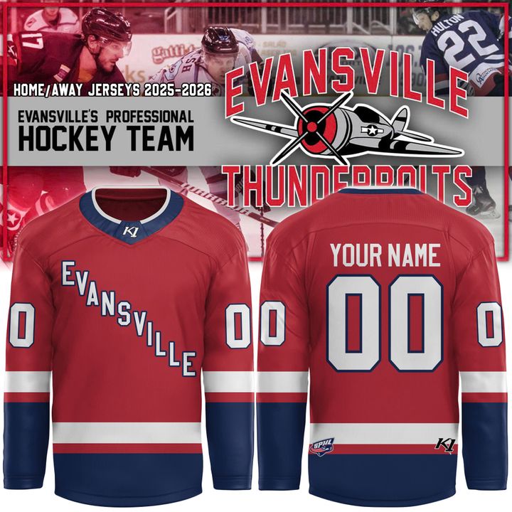 Evansville Thunderbolts Professional Ice Hockey Team Red Hockey Jersey Evansville Thunderbolts Professional Ice Hockey Team Red Hockey Jersey