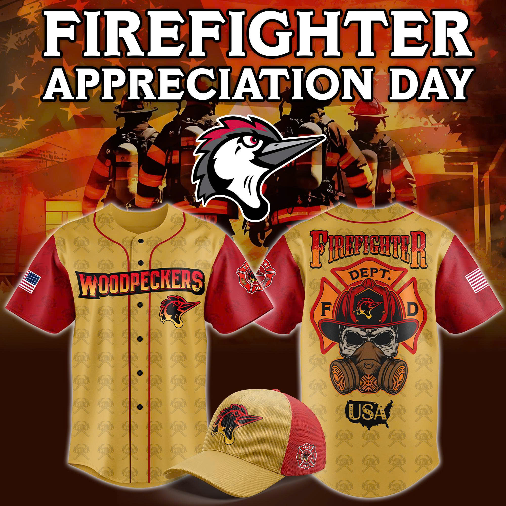 Fayetteville Woodpeckers x Firefighter Appreciation Day Baseball Jersey 2025 Fayetteville Woodpeckers x Firefighter Appreciation Day Baseball Jersey 2025