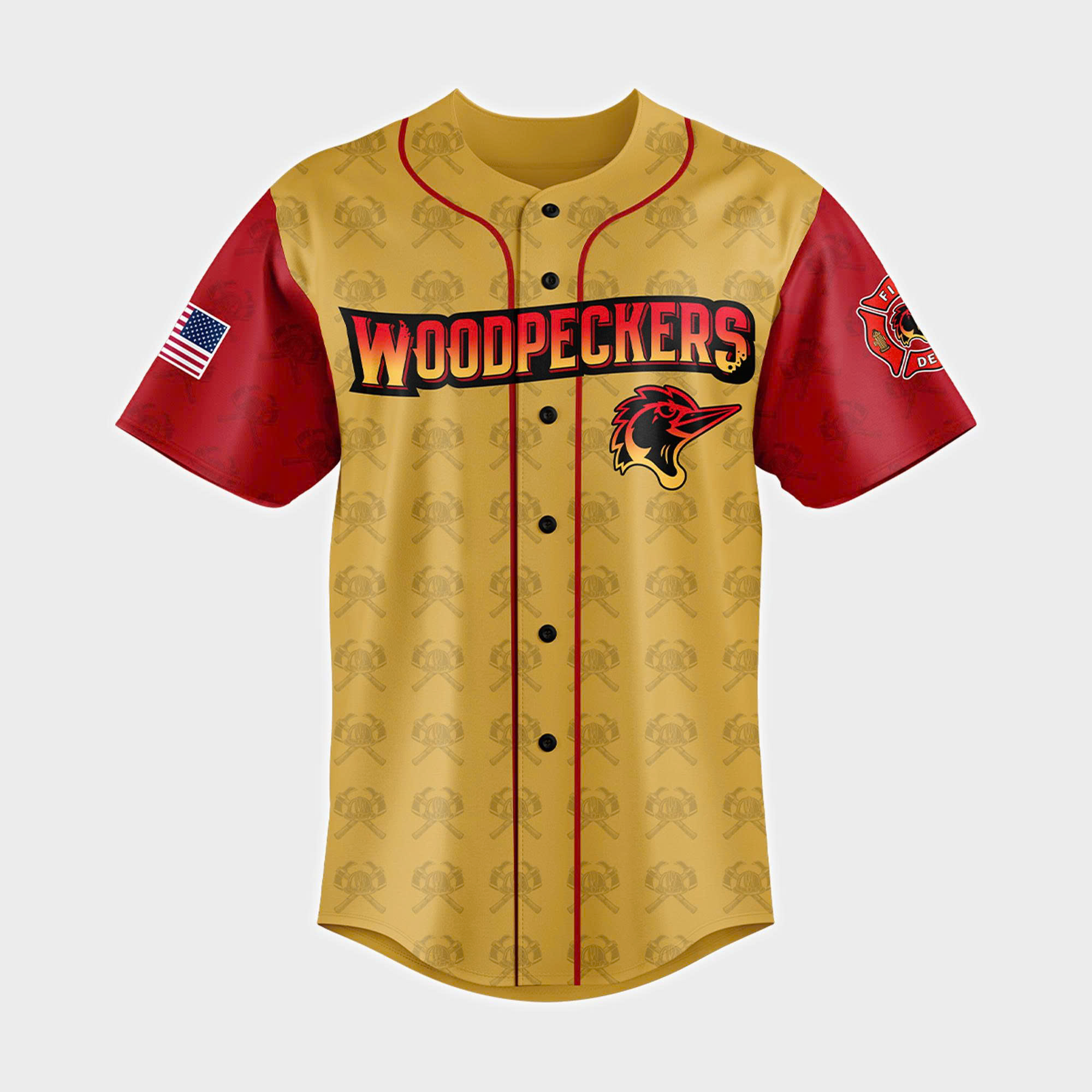 Fayetteville Woodpeckers x Firefighter Appreciation Day Baseball Jersey 2025 Fayetteville Woodpeckers x Firefighter Appreciation Day Baseball Jersey 2025