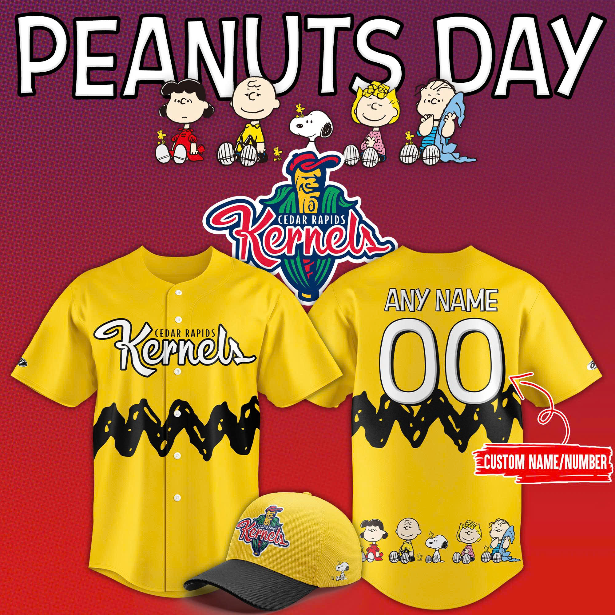 Cedar Rapids Kernels x Peanuts Day 2025 Special Baseball Jersey Cedar Rapids Kernels x Peanuts Day 2025 Special Baseball Jersey