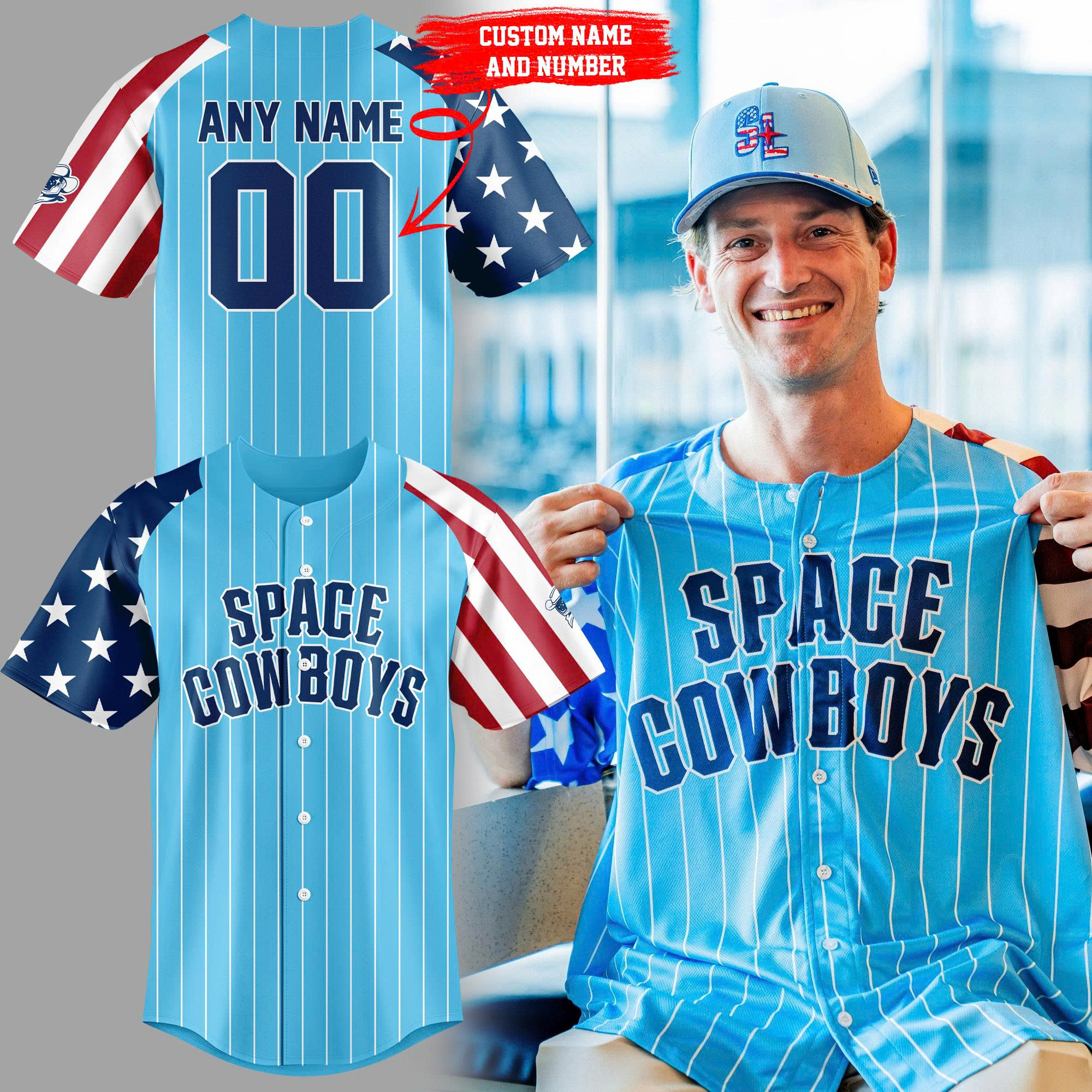 Sugar Land Space Cowboys Happy 4th of July Patriotic Baseball Jersey Sugar Land Space Cowboys Happy 4th of July Patriotic Baseball Jersey