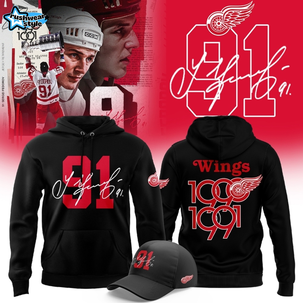 Detroit Red Wings 91 Sergei Fedorov Special Black Hoodie Set Detroit Red Wings 91 Sergei Fedorov Special Black Hoodie Set