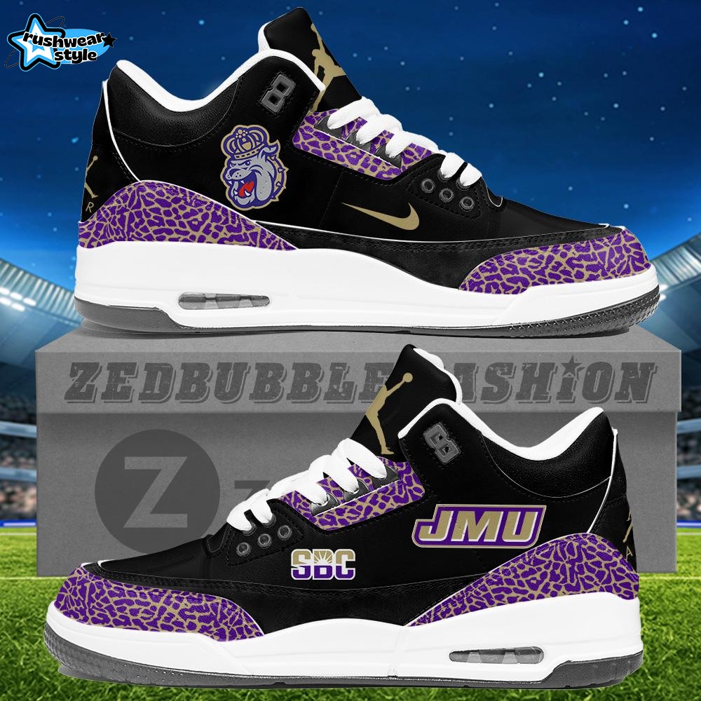JMU Summer Band Camps Air Jordan 3 Sneakers - Black Purple JMU Summer Band Camps Air Jordan 3 Sneakers - Black Purple