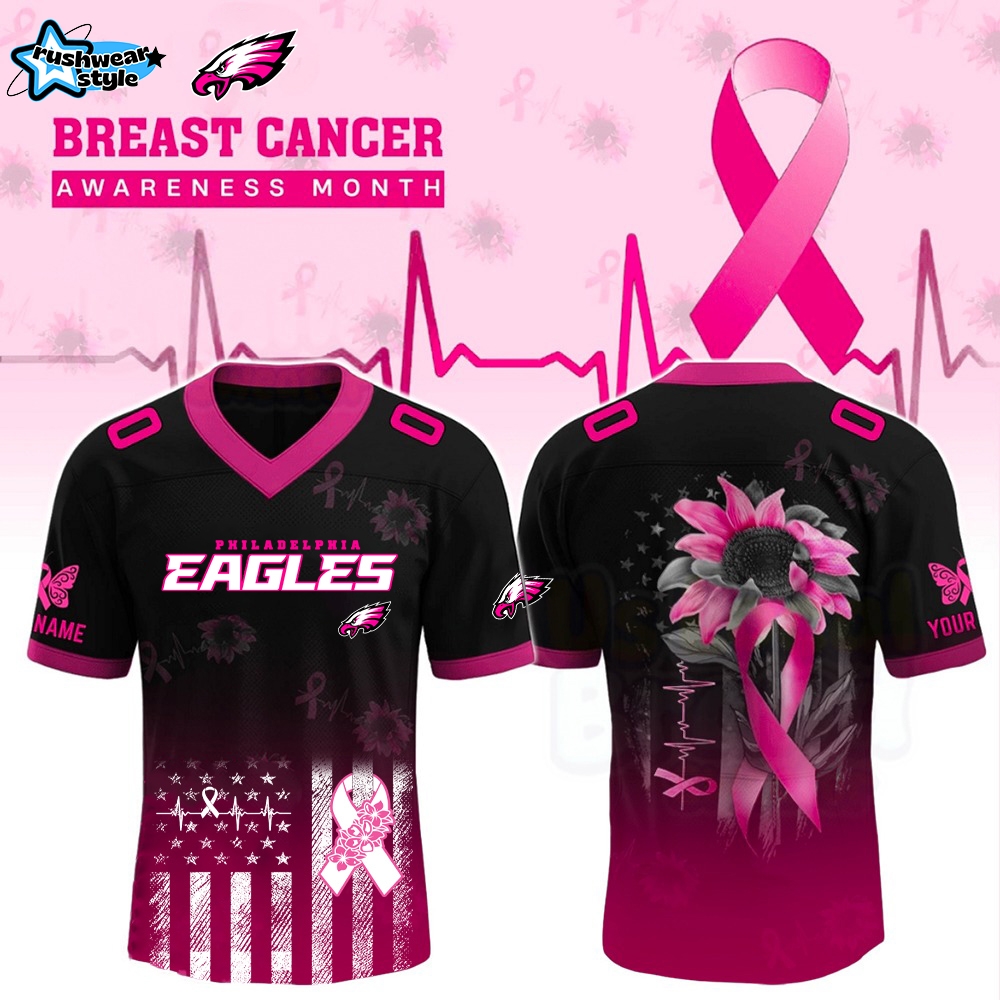Philadelphia Eagles x Breast Cancer Awareness Month Black - Custom Name Edition-V-neck Short Sleeve Jersey Philadelphia Eagles x Breast Cancer Awareness Month Black - Custom Name Edition-V-neck Short Sleeve Jersey