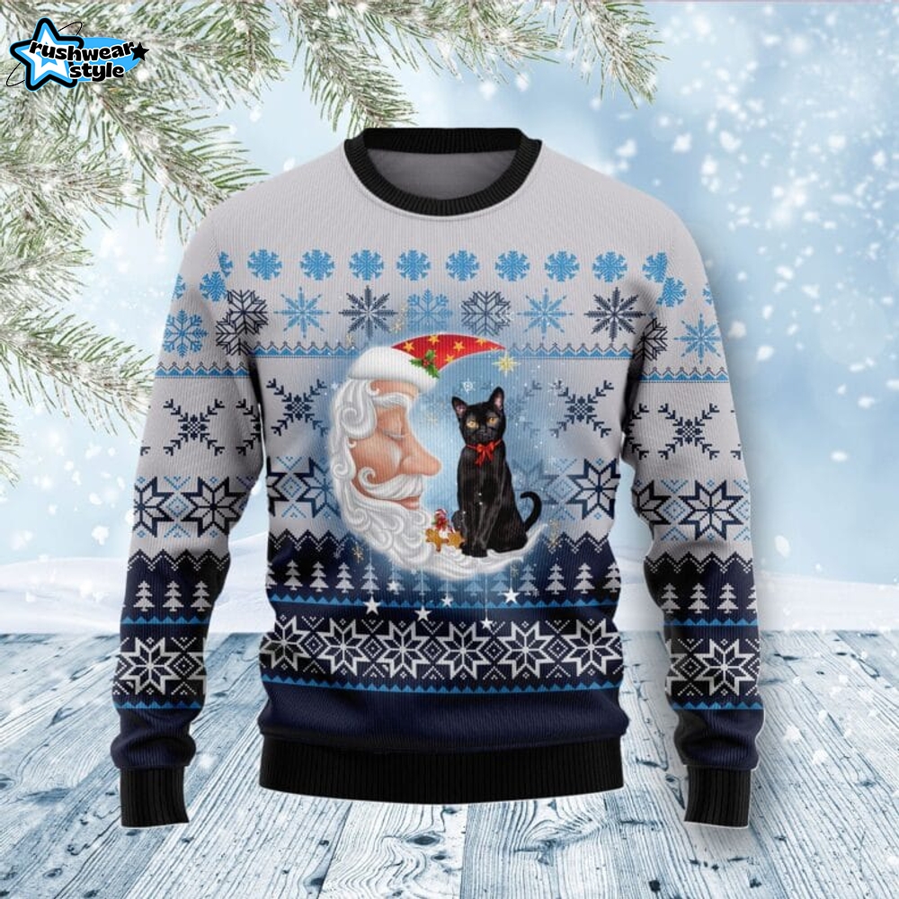Black Cat Love Santa Moon Ugly Christmas Sweater Black Cat Love Santa Moon Ugly Christmas Sweater