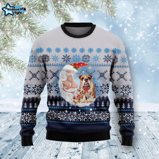 Bulldog Love Santa Moon Ugly Christmas Sweater