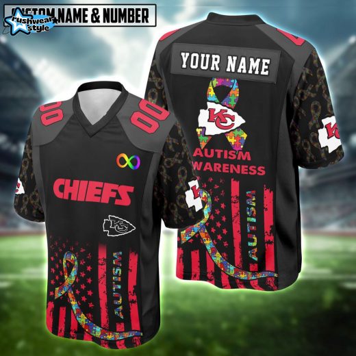 Kansas City Chiefs x Autism Awareness – Puzzle Ribbon Custom Jersey-V-neck Short Sleeve Jersey