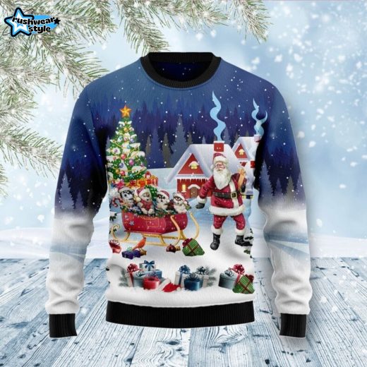 Siberian Husky Santa Sled Ugly Christmas Sweater