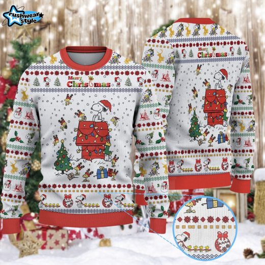 Snoopy And Woodstock Reindeer In Red Baron Gear Christmas Knitted Sweater