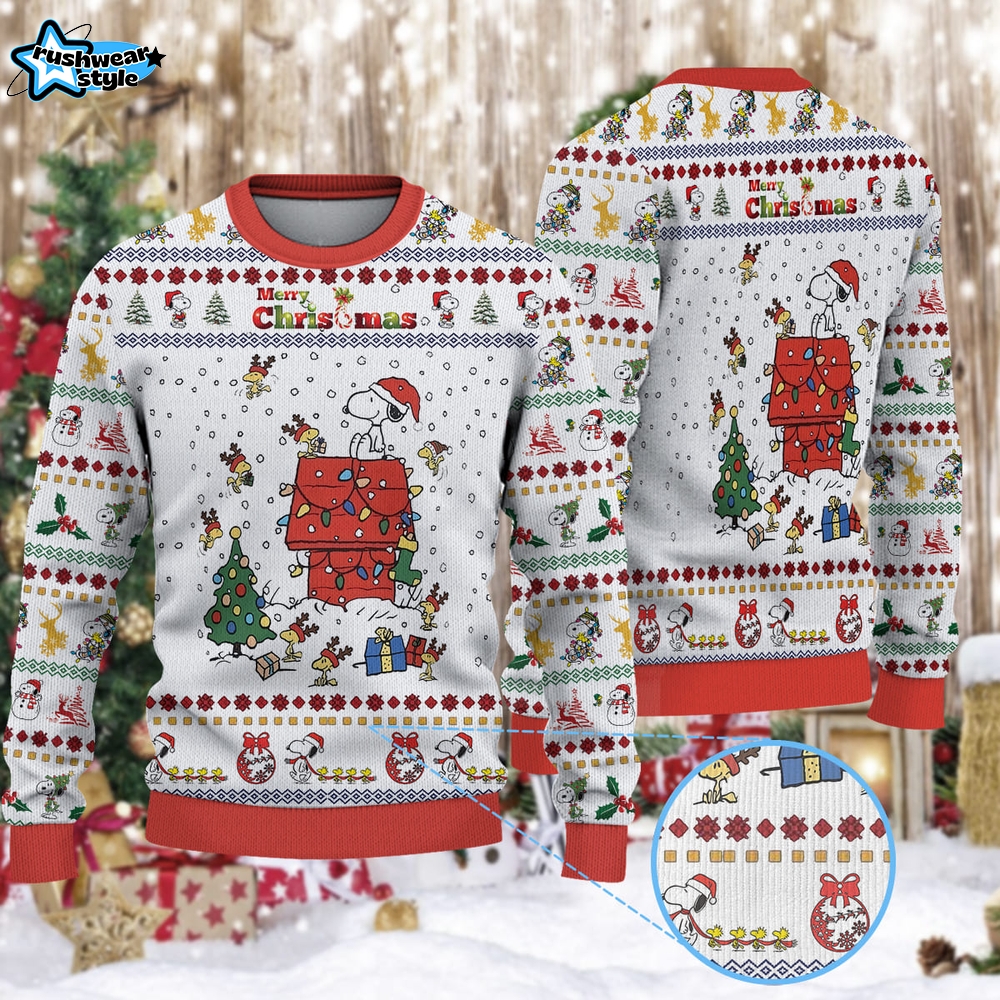 Snoopy And Woodstock Reindeer In Red Baron Gear Christmas Knitted Sweater Snoopy And Woodstock Reindeer In Red Baron Gear Christmas Knitted Sweater