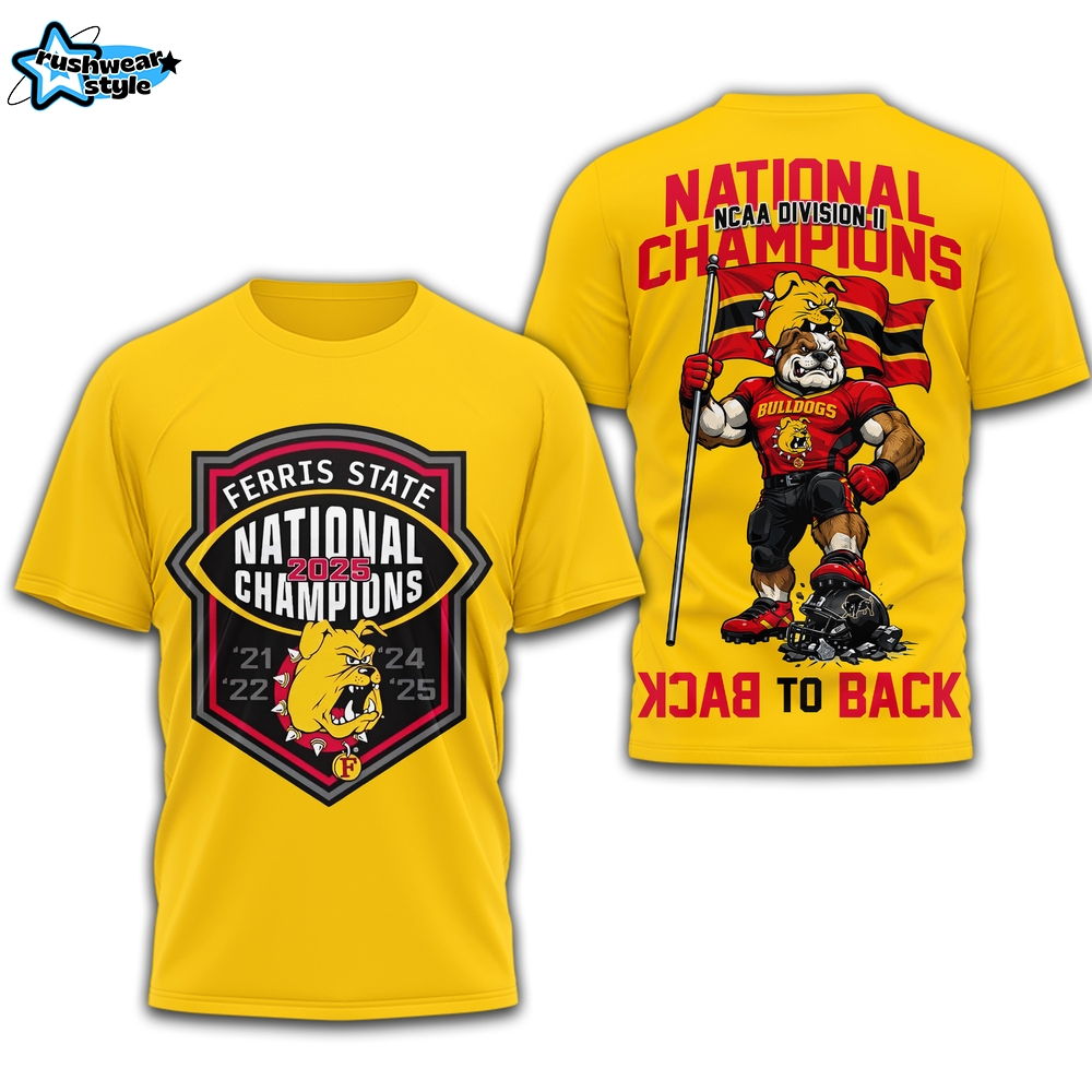 Ferris State Bulldogs | Premium NCAA Division II Champions 3D Shirt - Yellow Ferris State Bulldogs | Premium NCAA Division II Champions 3D Shirt - Yellow