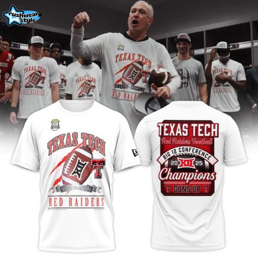 Men's New Era White Texas Tech Red Raiders 2025 Big 12 Football Champions Locker Room T-Shirt-V1