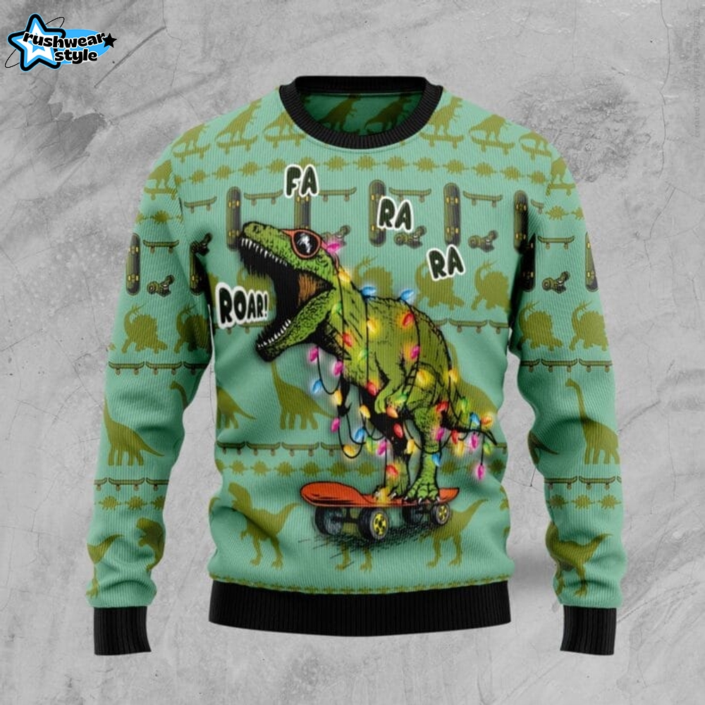 Skateboard Dinosaur Ugly Christmas Sweater Skateboard Dinosaur Ugly Christmas Sweater