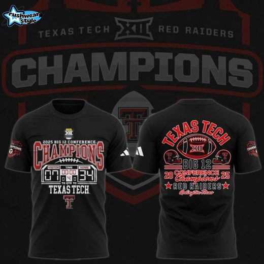 Texas Tech Red Raiders Black Blue 84 2025 Big 12 Champions Score Short Sleeve T Shirt