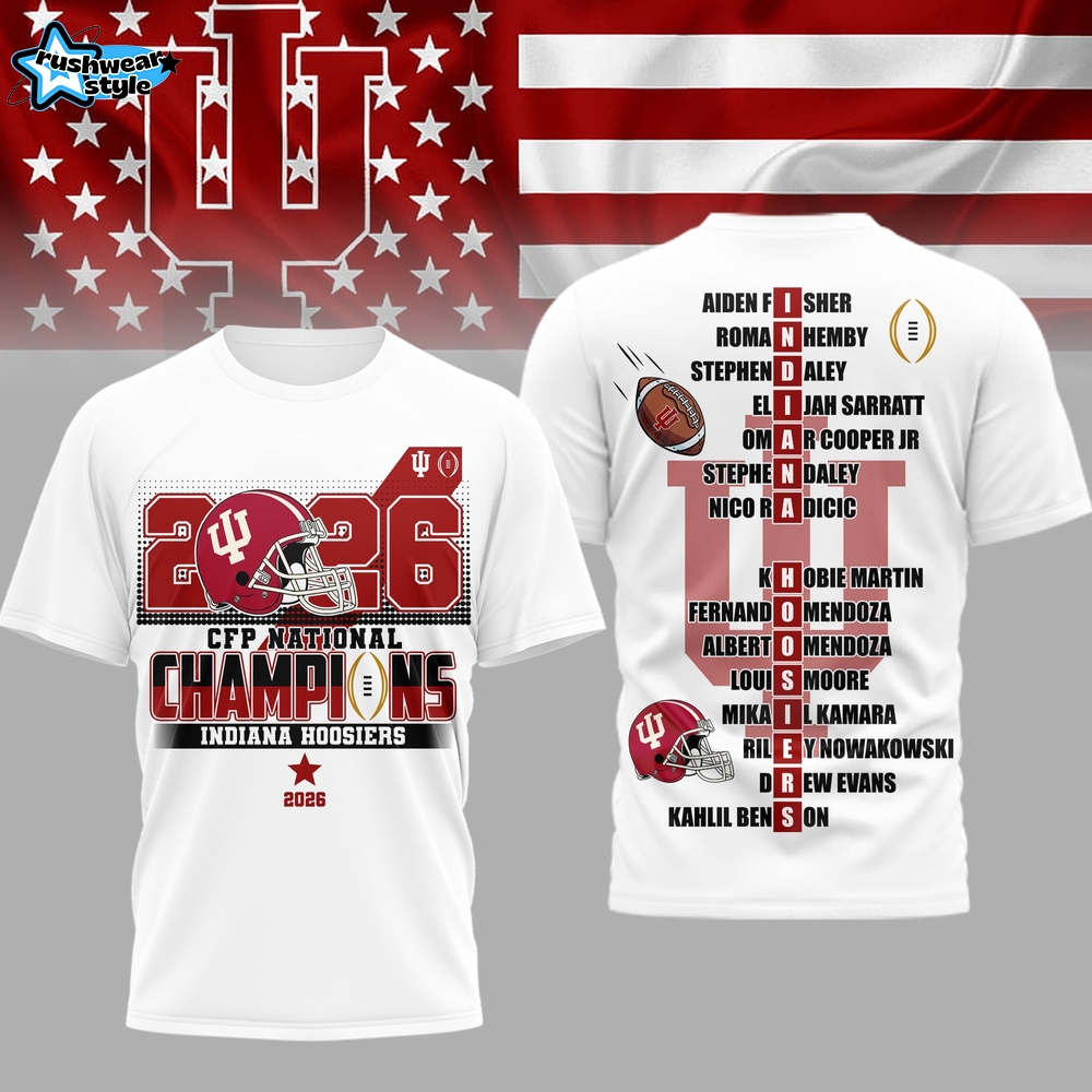 Indiana Hoosiers | Premium NCAA 2026 CFP National Champions 3D Shirt - White Indiana Hoosiers | Premium NCAA 2026 CFP National Champions 3D Shirt - White