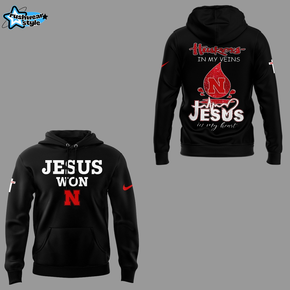 Jesus Won x Nebraska Huskers In My Veins Jesus In My Heart Faith Hoodie Jesus Won x Nebraska Huskers In My Veins Jesus In My Heart Faith Hoodie