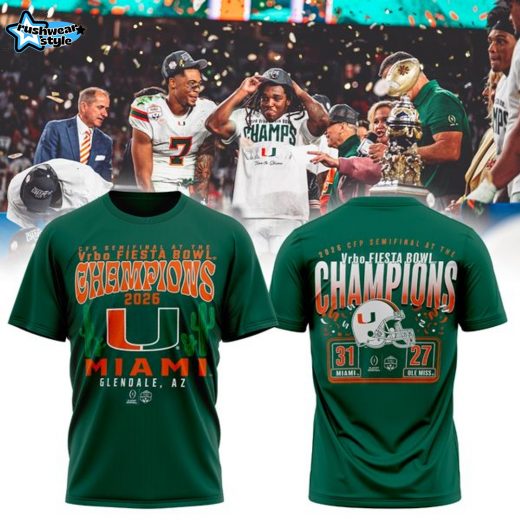 Men's Green Miami Hurricanes College Football Playoff 2026 Fiesta Bowl Champions Scoring Drive T-Shirt