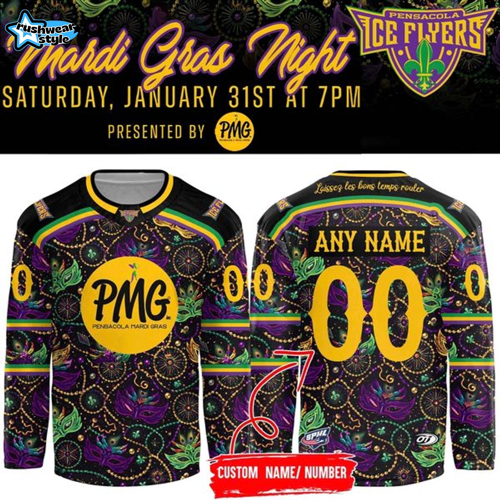 Pensacola Ice Flyers 2026 Mardi Gras Night Limited Edition Hockey Jersey Pensacola Ice Flyers 2026 Mardi Gras Night Limited Edition Hockey Jersey