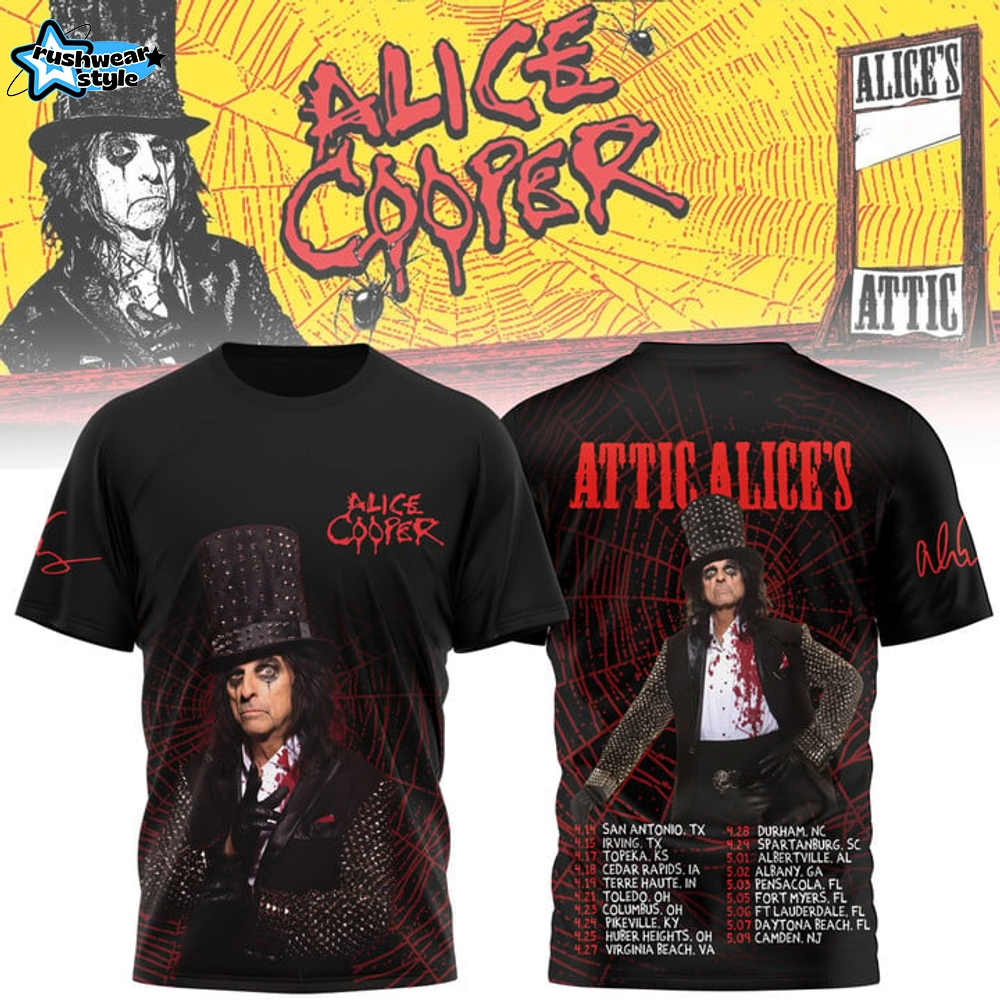 Alice Cooper Attic Alice's Tour Dates 3D T-Shirt - Black Alice Cooper Attic Alice's Tour Dates 3D T-Shirt - Black