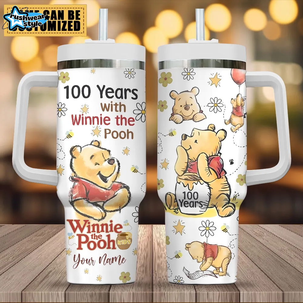 Personalized Winnie the Pooh 100th Anniversary 2026 40oz Stanley Style Tumbler Personalized Winnie the Pooh 100th Anniversary 2026 40oz Stanley Style Tumbler