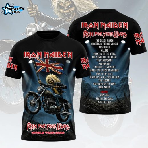Iron Maiden Eddie on a motorcycle Run for Your Lives 2026 World Tour 3D Tshirt