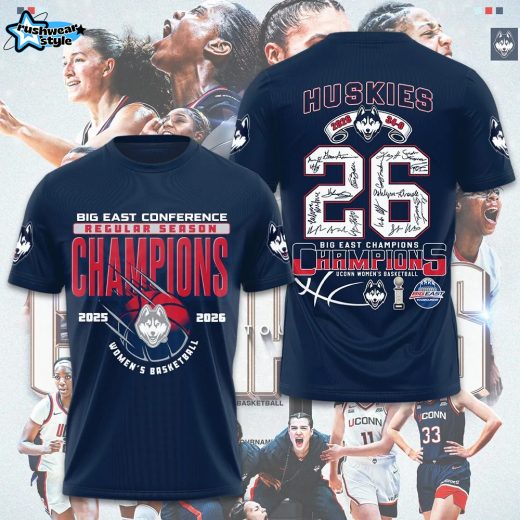 UConn Huskies Women’s Basketball 2026 Big East Champions 3D T-Shirt - Blue